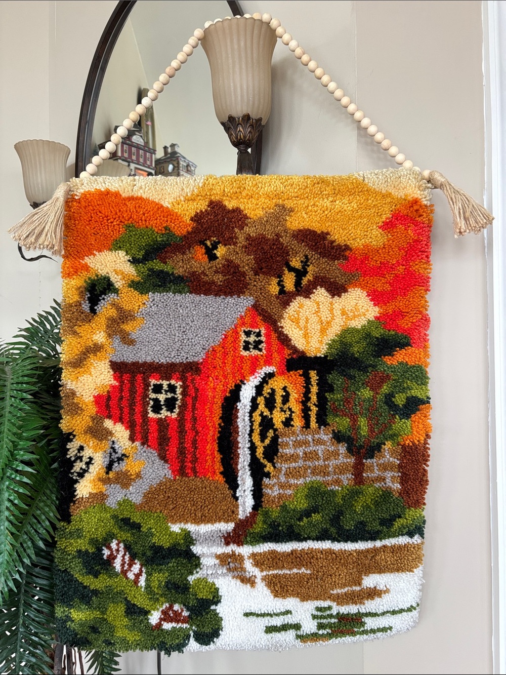 Vintage Handmade Latch Hook Rug Wall Hanging Autumn Grist Mill Beaded Handle